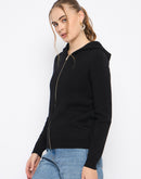 Madame Zip Solid Black Hooded Sweater