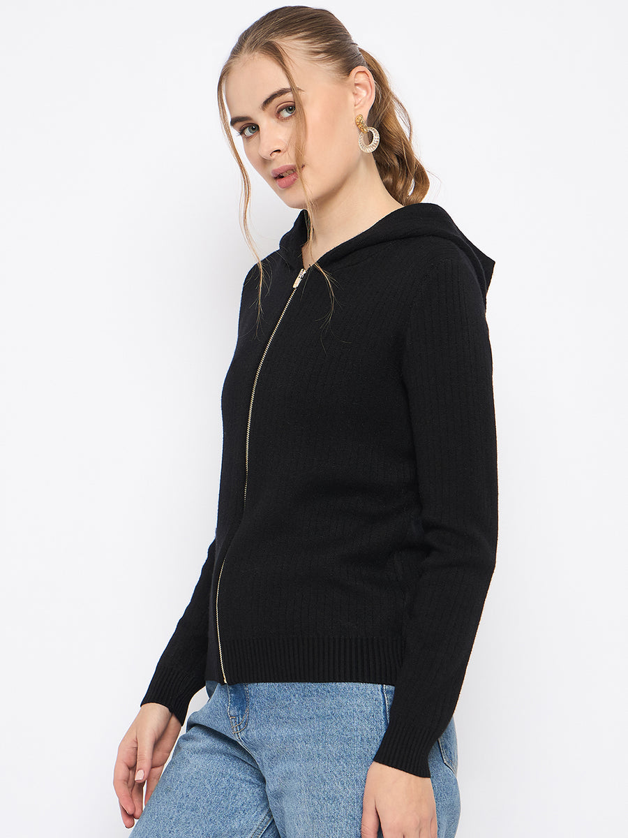 Madame Zip Solid Black Hooded Sweater