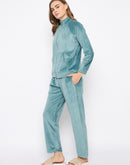 mSECRET Velour Branding Zipped Mint Green Top and Bottom Night Suit