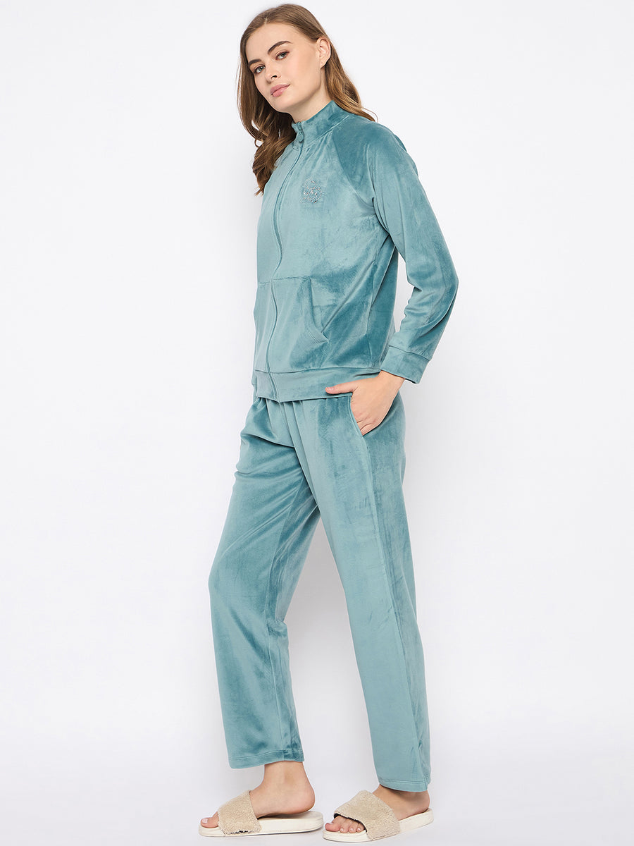 mSECRET Velour Branding Zipped Mint Green Top and Bottom Night Suit