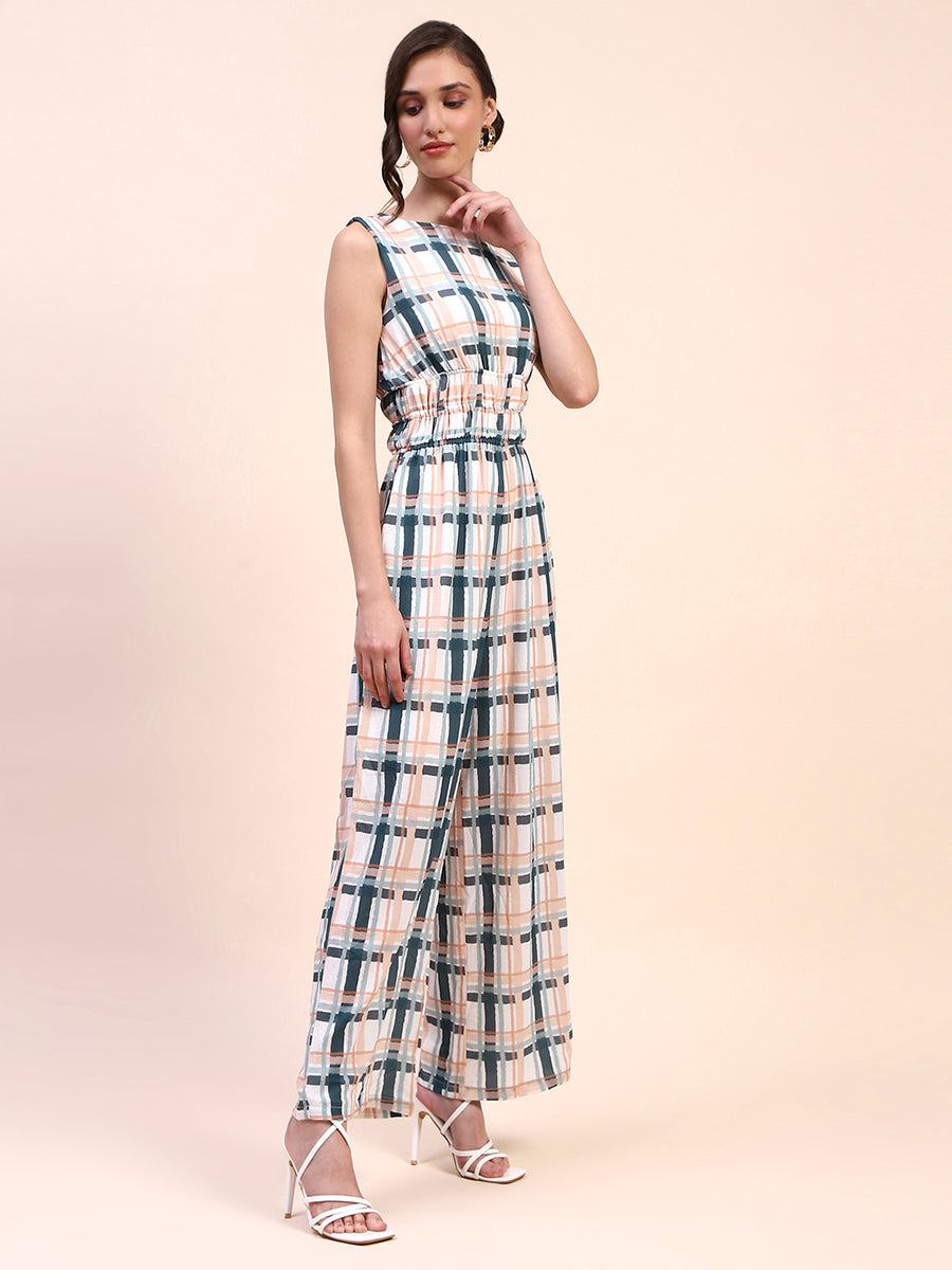 Camla Barcelona Checkered Cinch Waist Sleeveless Off White Jumpsuit