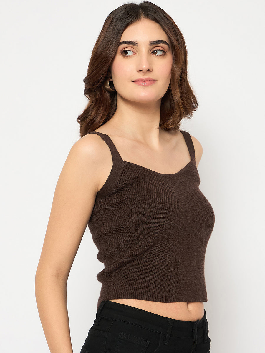 Madame Sleeveless Solid Coffee Brown Sweater