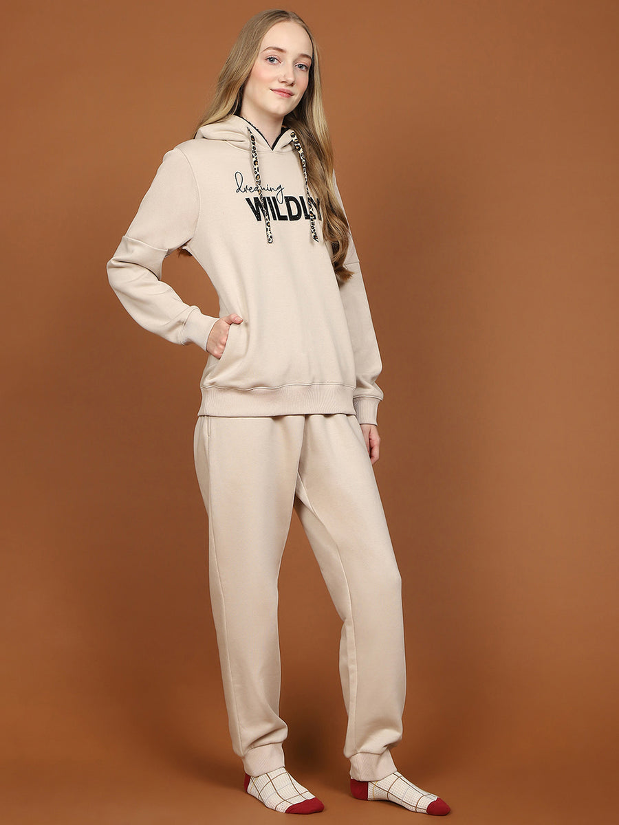 mSECRET Fleece Embroidered Beige Hooded Top and Bottom Night Suit