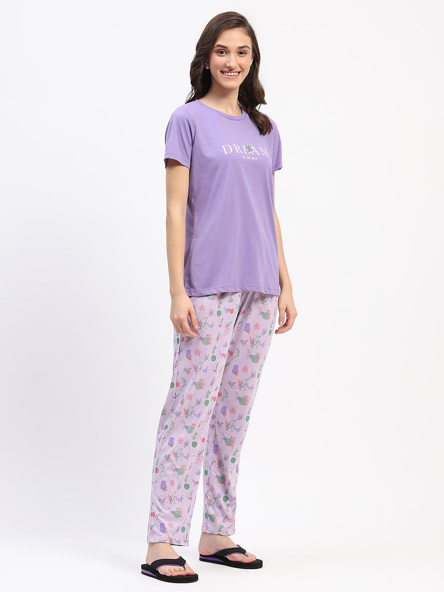 mSECRET Cotton Mauve Night Set with Typography Floral Print