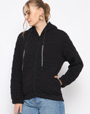 Madame Knitted Self-Textured Zipped Black Hooded Sweatshirt