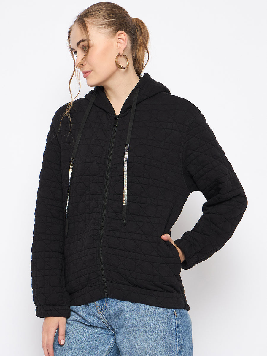 Madame Knitted Self-Textured Zipped Black Hooded Sweatshirt