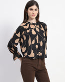 Madame Abstract Print Mock Neck Button Down Black Top