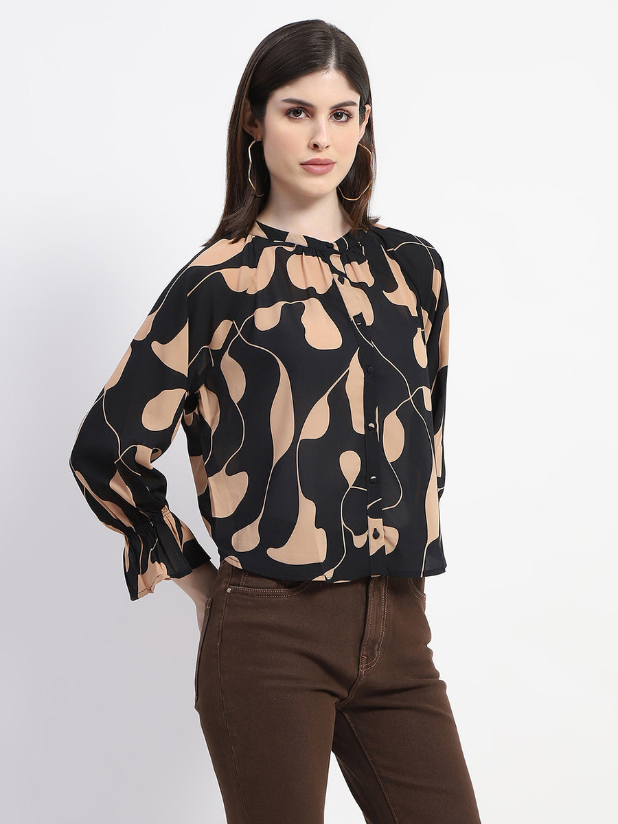 Madame Abstract Print Mock Neck Button Down Black Top