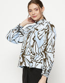 Madame Embellished Butterfly Print Sky Blue Mock Neck Top