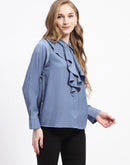 Madame Ruffle Collar Solid Blue Shirt