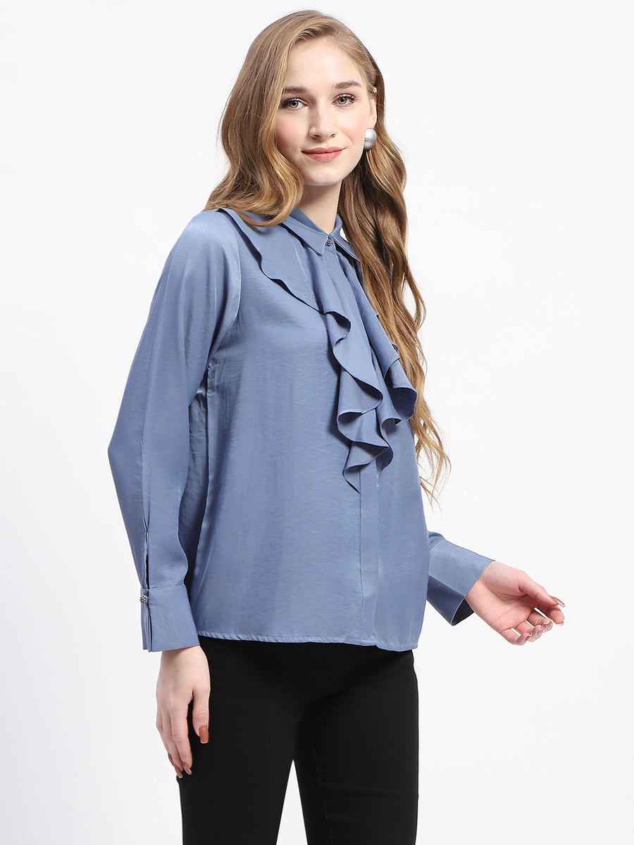 Madame Ruffle Collar Solid Blue Shirt