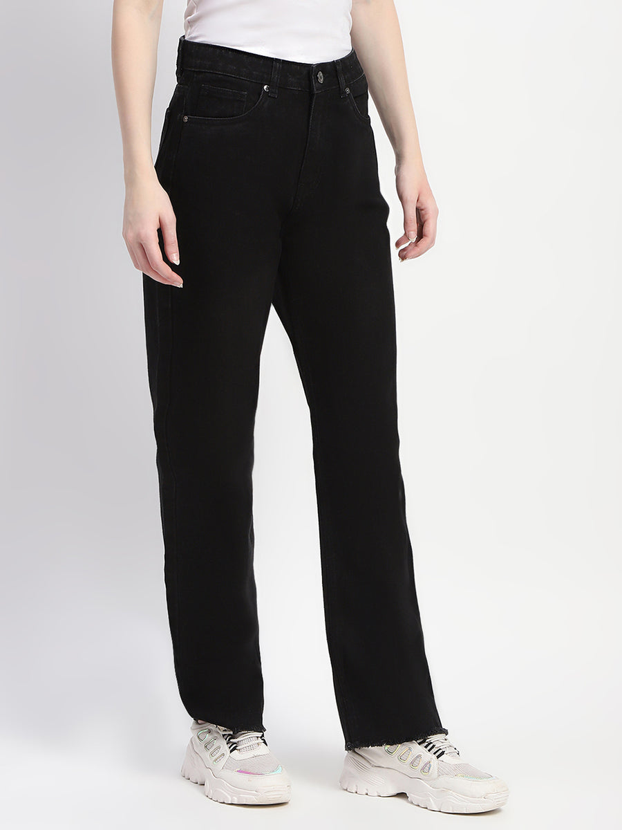 Madame Straight Fit Frayed Hem Solid Black Denim