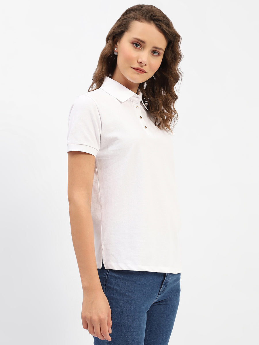 Madame White Polo Neck Solid Cotton T-Shirt