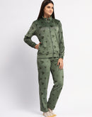 mSECRET Typography Adorned  Zipped Top and Bottom Green Cotton Night Suit