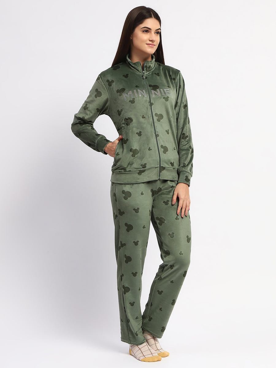 mSECRET Typography Adorned  Zipped Top and Bottom Green Cotton Night Suit