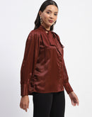 Madame Tie Up Neck Cuffed Sleeve Brown Top