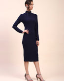 Camla Barcelona Ring Accented Shimmery Navy Midi Dress