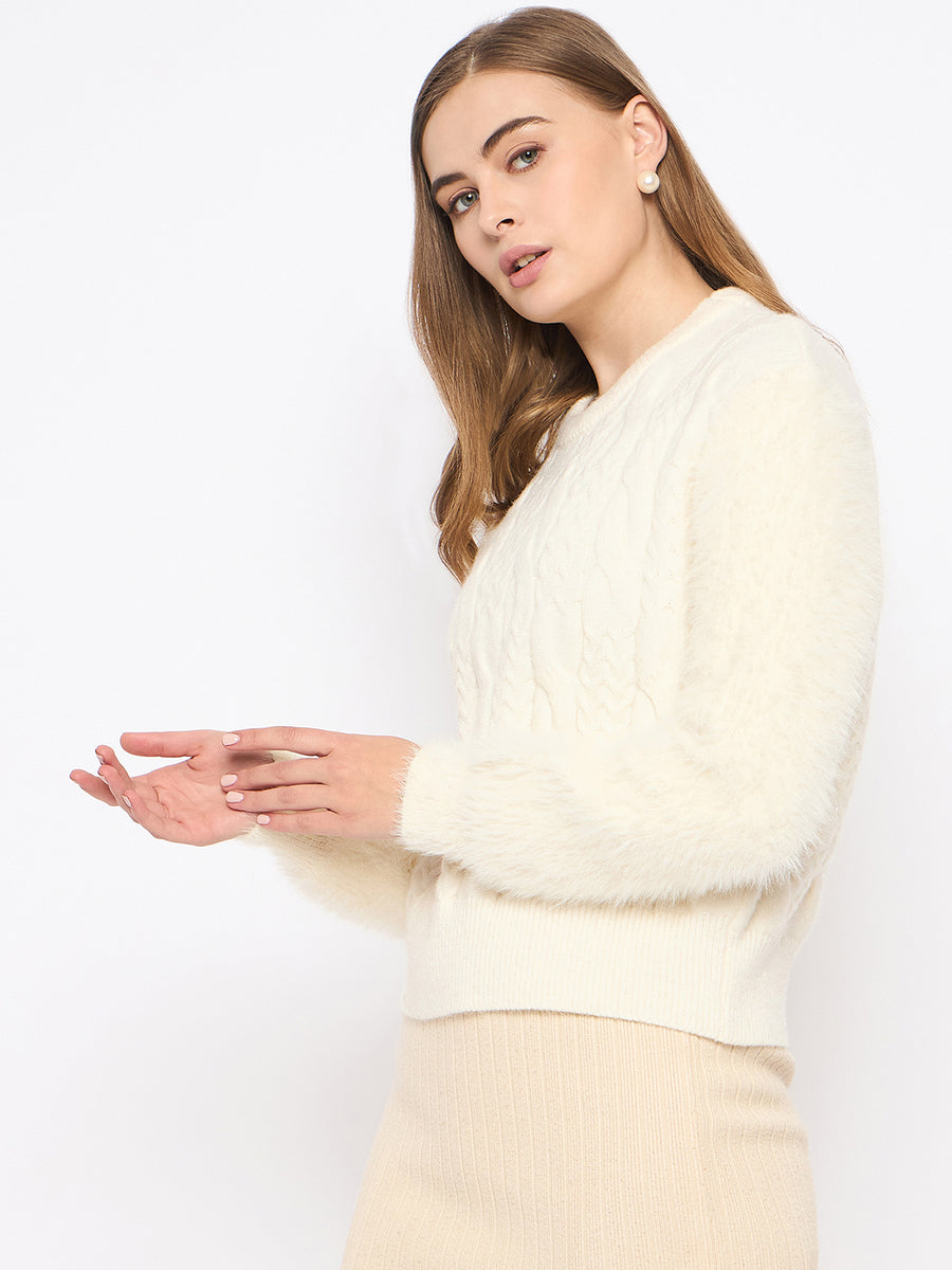 Madame Cable Knit Full Sleeve Off White Sweater