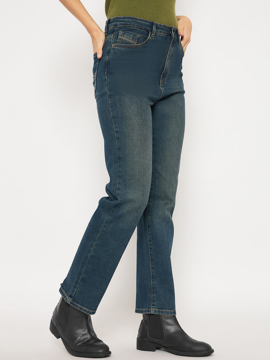 Madame Cotton Blend Stone Wash Straight Fit Tinted Blue Denim Jeans