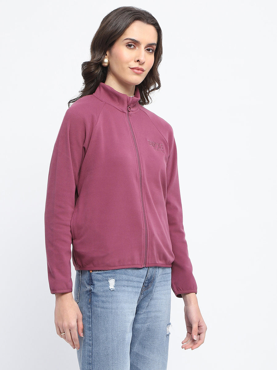 Madame Raglan Sleeve Embroidered Plum Zipped Sweatshirt