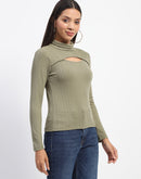 Madame Chest Cutout Green Ribbed Hi Neck Top