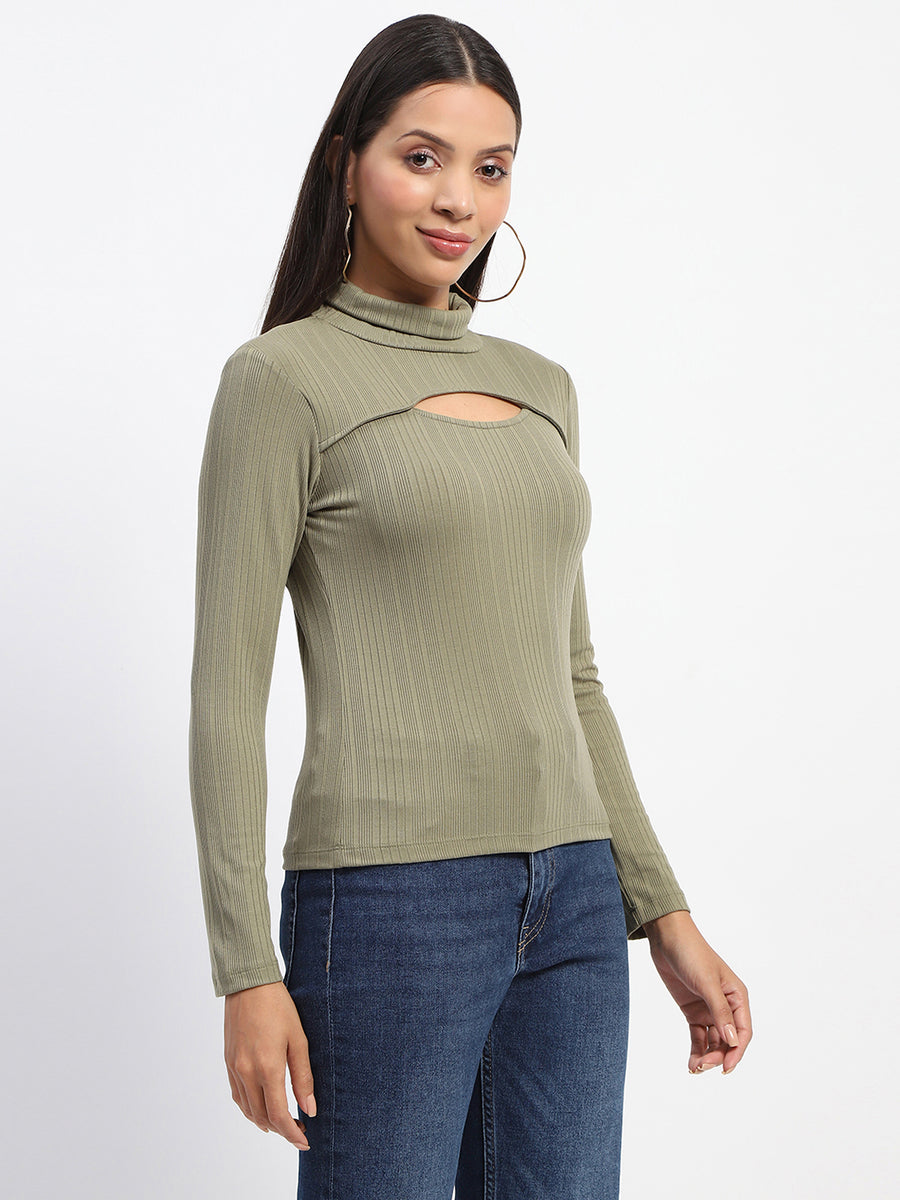 Madame Chest Cutout Green Ribbed Hi Neck Top