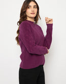 Madame Self Design Zipped Purple Sweater