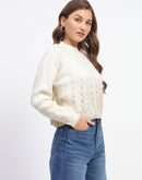 Madame Solid Off White Cable Knit Sweater