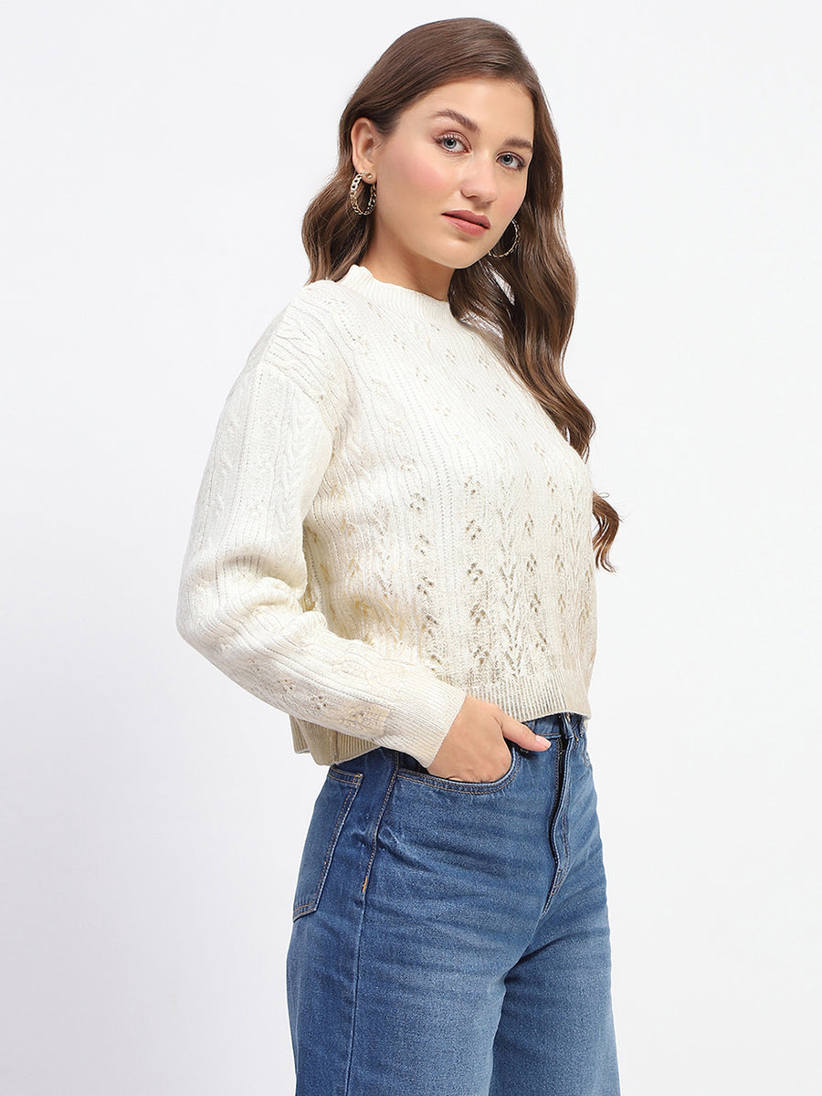 Madame Solid Off White Cable Knit Sweater