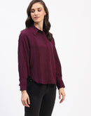 Madame Frayed Detailing Cuff Sleeve Plum Shirt