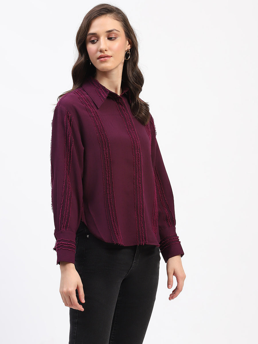 Madame Frayed Detailing Cuff Sleeve Plum Shirt