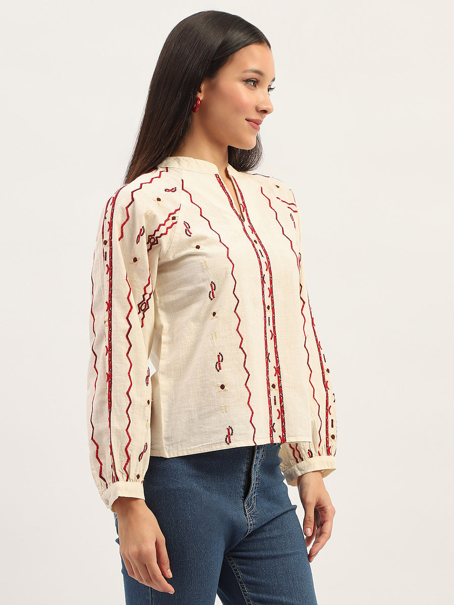 Madame Embroidery Printed Cotton Beige Top