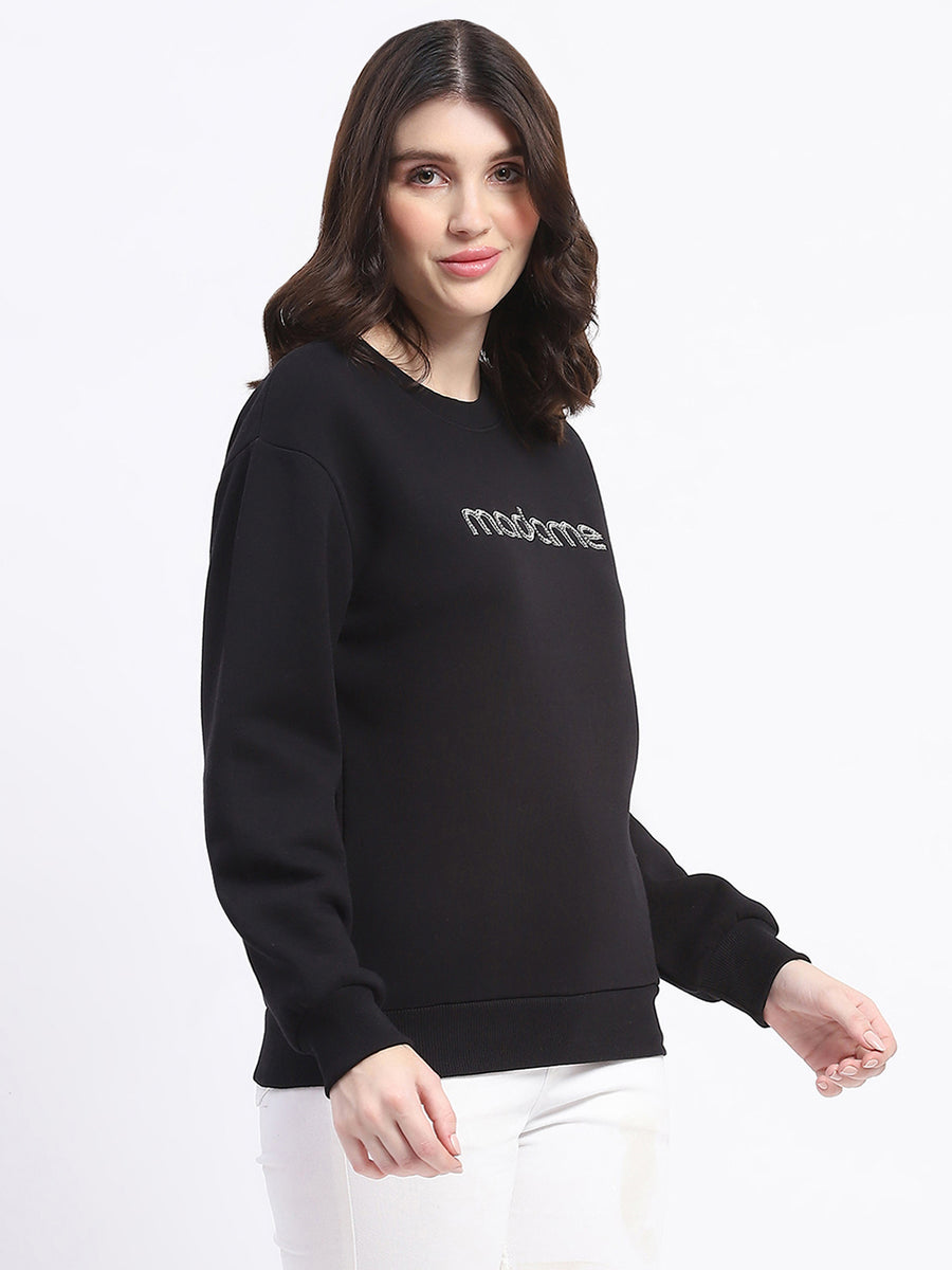 Madame Fleece Handwork And Embroidered Black Sweatshirt  For Women