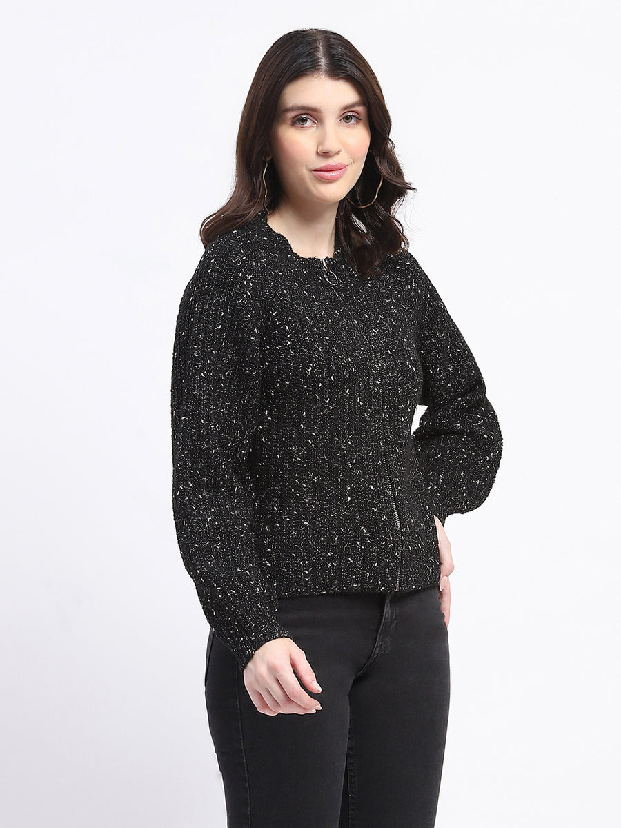 Madame Speckled Zip Up Black Acrylic Sweater