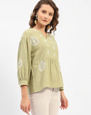 Madame Balloon Sleeve Green Chikankari Work Top