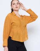 Madame Pleat Detailed Pearl Buttoned Solid Mustard Yellow Shirt