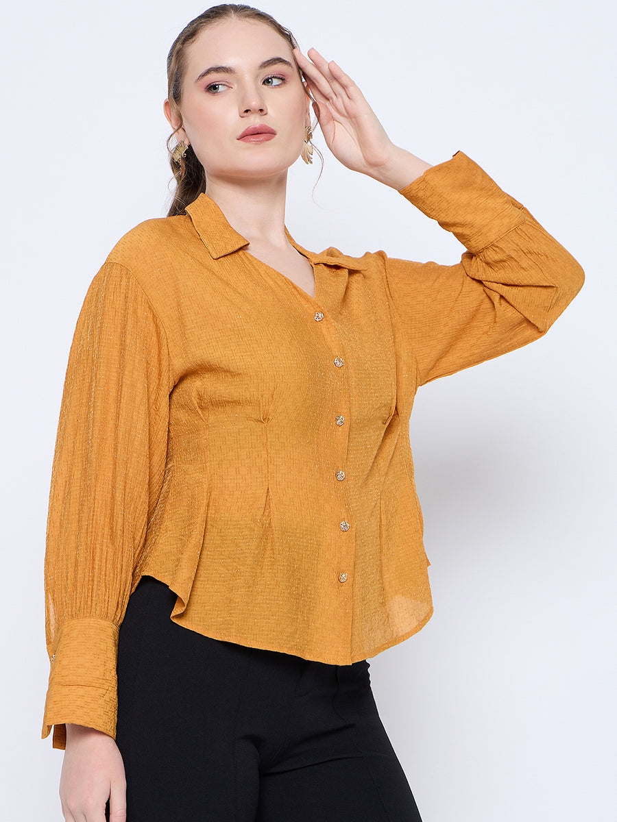 Madame Pleat Detailed Pearl Buttoned Solid Mustard Yellow Shirt