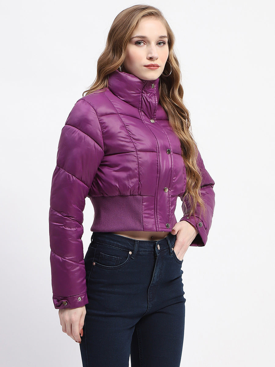 Madame Cropped Purple Quilted Puffer High Neck Jacket