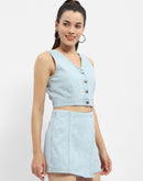 Madame V-Neck Light Blue Denim Crop Top