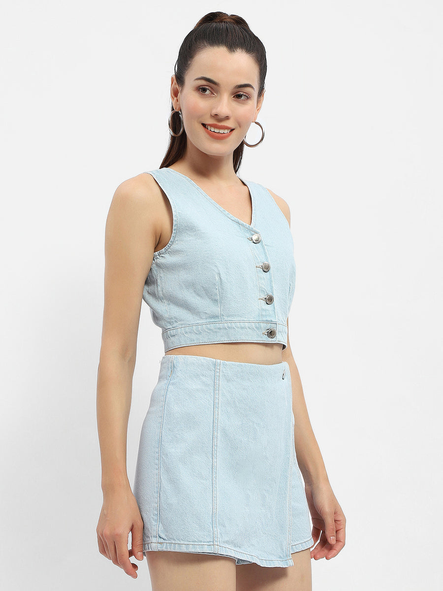 Madame V-Neck Light Blue Denim Crop Top