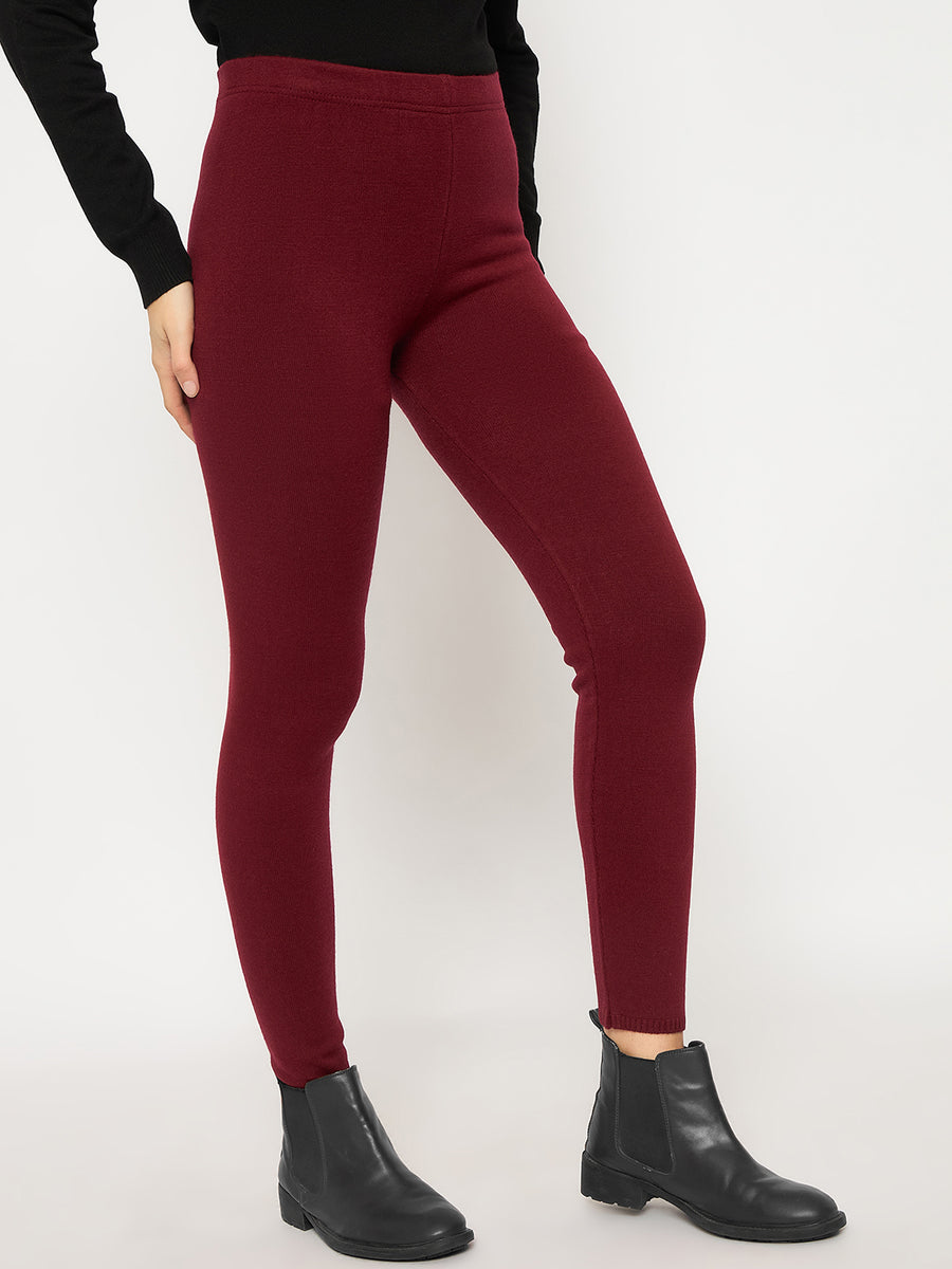 Madame Skinny Fit Solid Maroon Tights