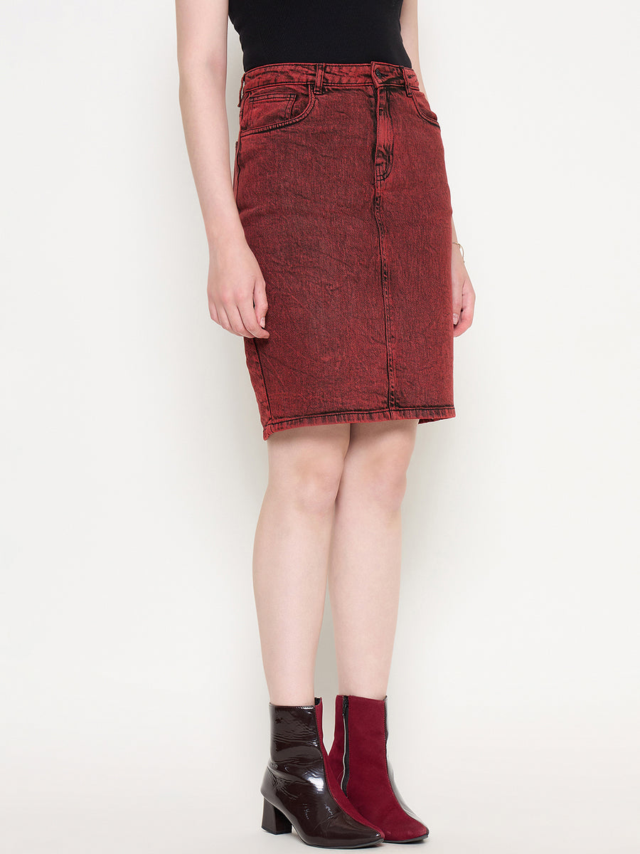 Madame Acid Wash Cotton Blend Red Denim Skirt