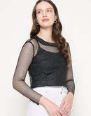 Madame Mesh Mock Neck Spaghetti Solid Black Top