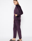 mSECRET Velour Branding Zipped Deep Wine Top and Bottom Night Suit