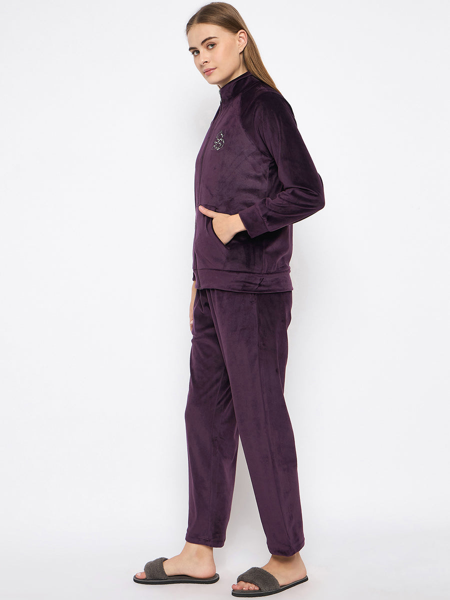 mSECRET Velour Branding Zipped Deep Wine Top and Bottom Night Suit