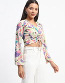 Madame Ruched Abstract Print Bell Sleeves Lilac Crop Top