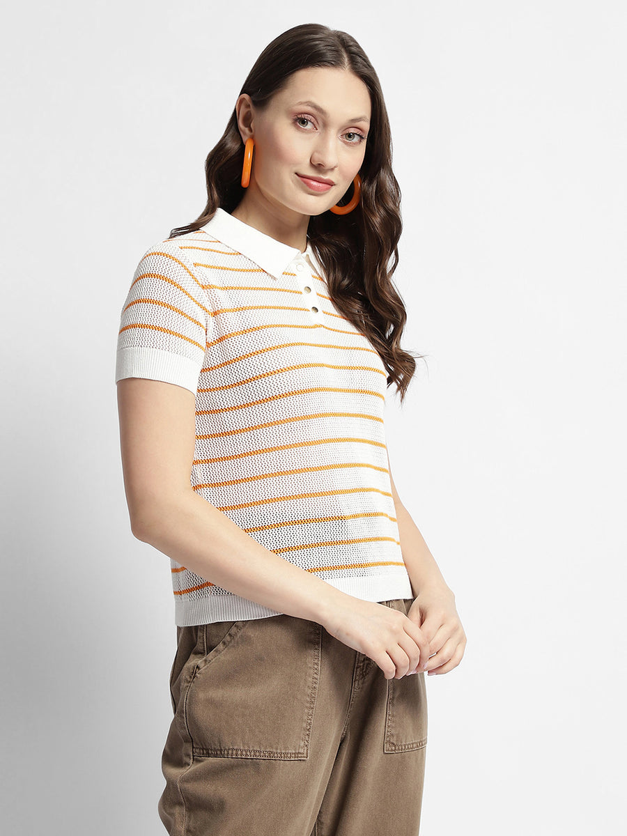 Madame Orange Striped Polo Neck T-Shirt