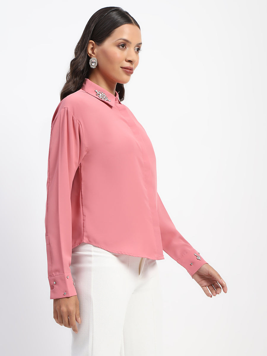 Madame Collar And Sleeve Embellished Dusty Pink Shirt