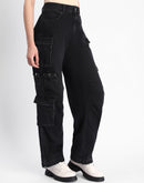 Madame Multi Pocketed Charcoal Black Cotton Denim Cargo