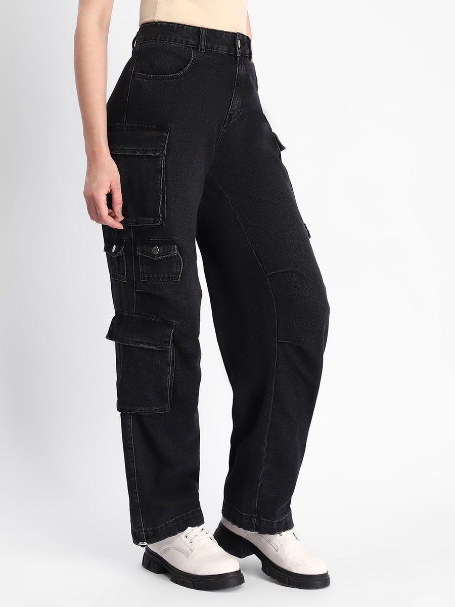 Madame Multi Pocketed Charcoal Black Cotton Denim Cargo